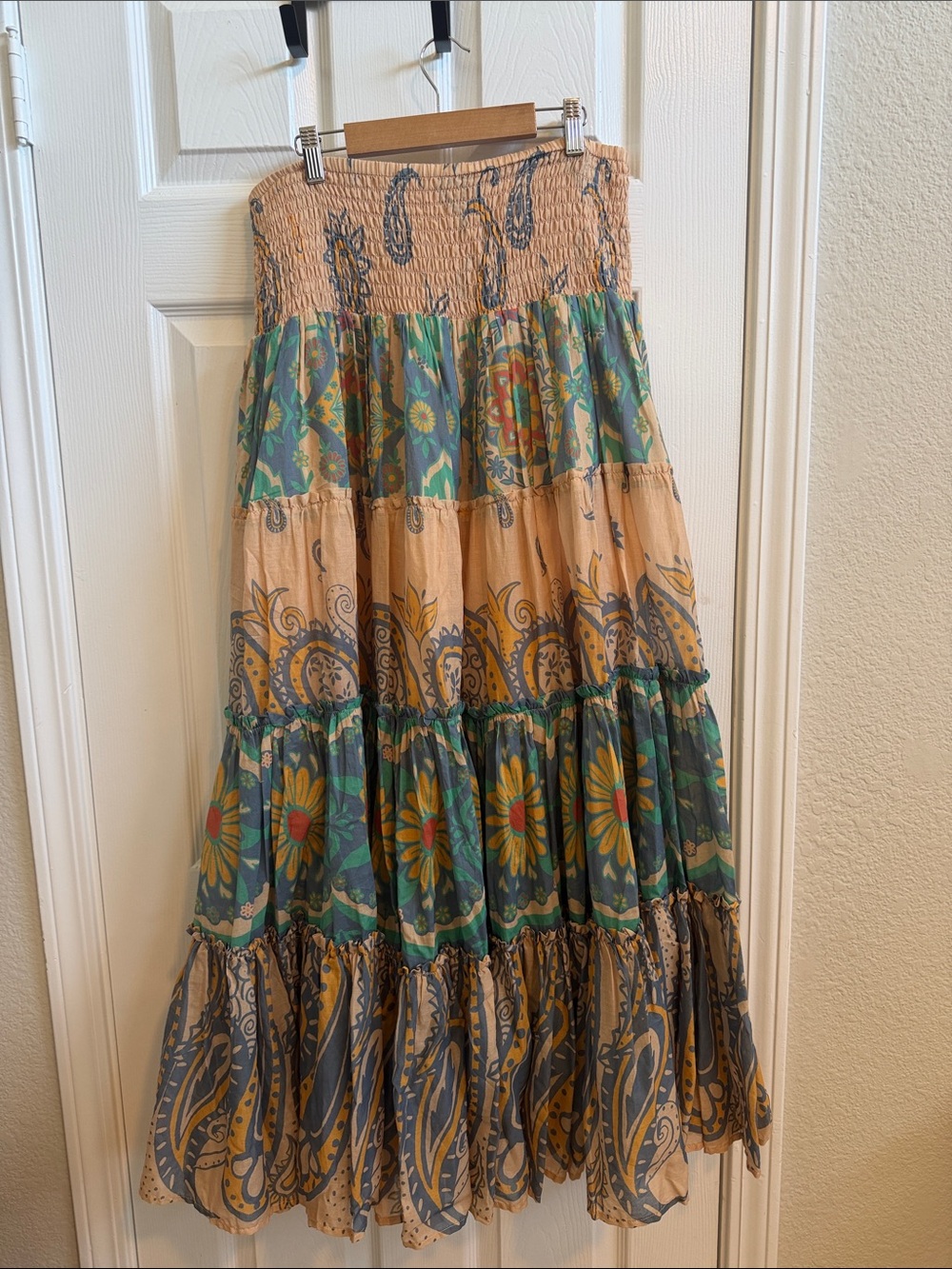 Free People Peach and Teal Floral Paisley Tiered Maxi Skirt